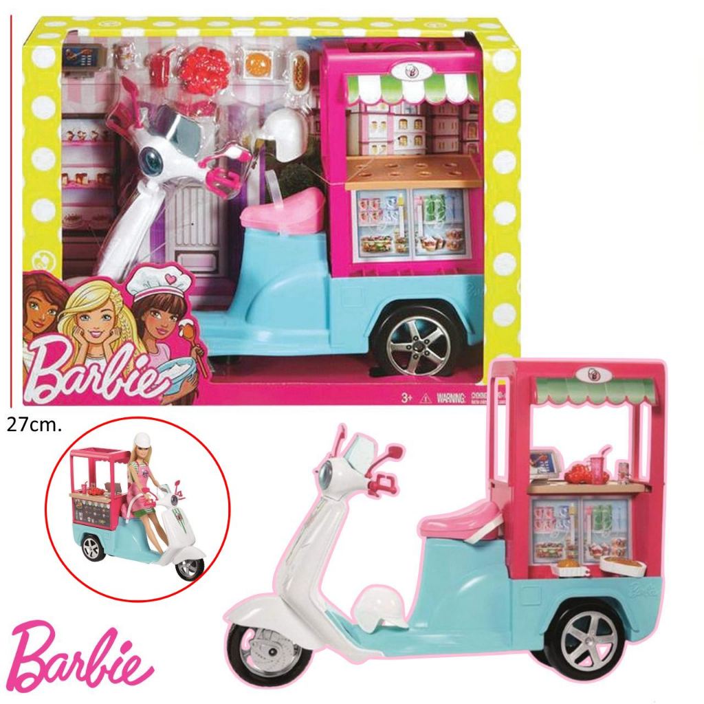 Barbie Bistro Cart Playset ชุดรถร้านอาหารขนาดเล็ก อุปกรณ์ครบชุด ลิขิทธิ์แท้ มอเตอร์ไซร์บาร์บี้ FHR08 #