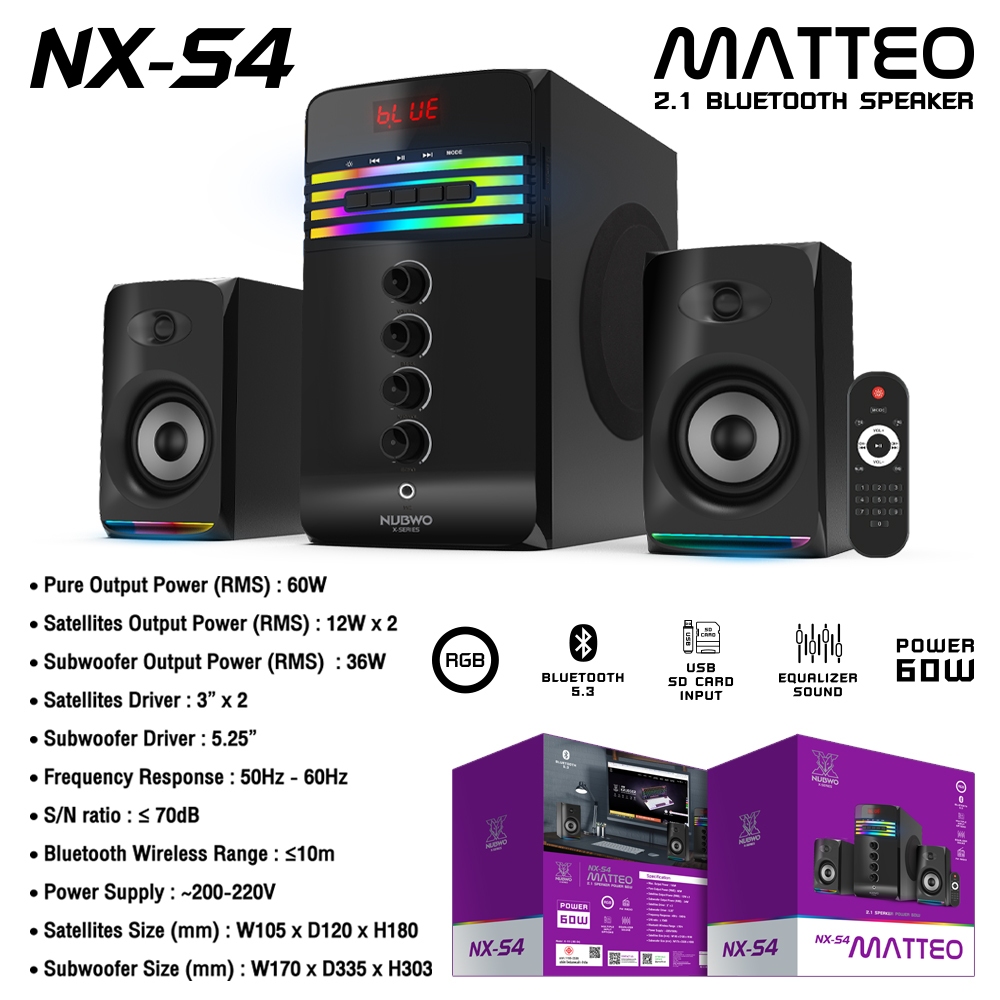 NX-S4 Nubwo ลำโพงพร้อมซับวูฟเฟอร์ NX-S4 MATTEO Speaker ไฟ RGB เบสแน่น คมชัด ปรับไฟได้ 6 โหมด สินค้าร