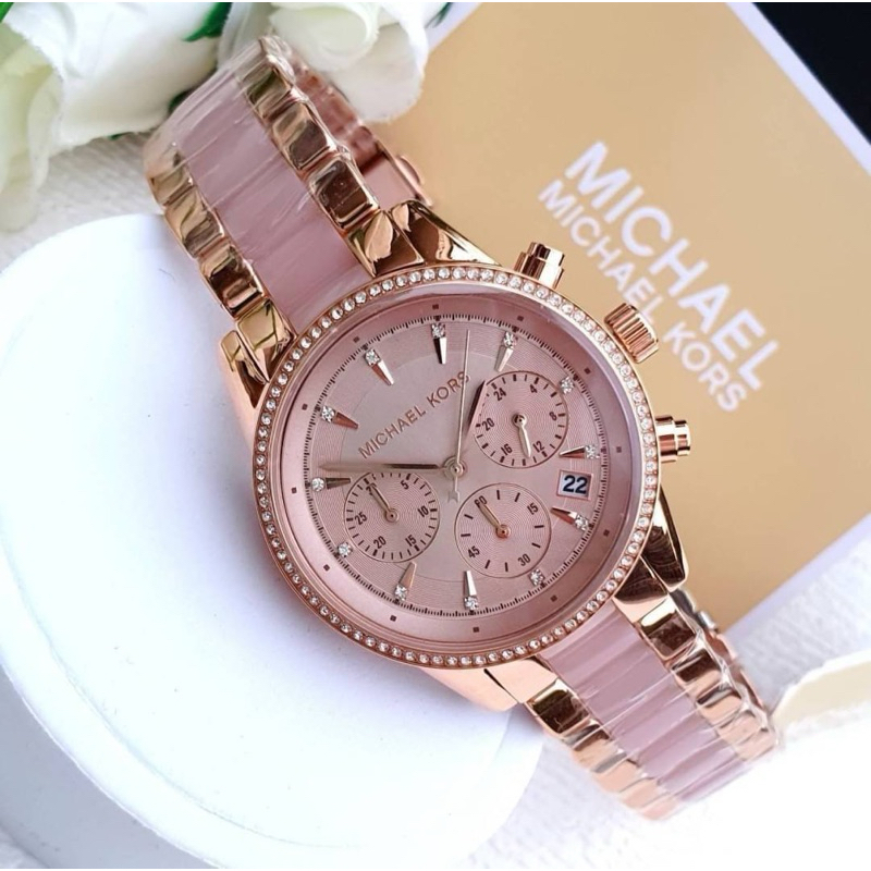 📮นาฬิกาพร้อมส่ง🇹🇭ของแท้📮MICHAEL KORS Ritz Quartz Chronograph Rose Dial Rose Gold-tone Pink Acetate L