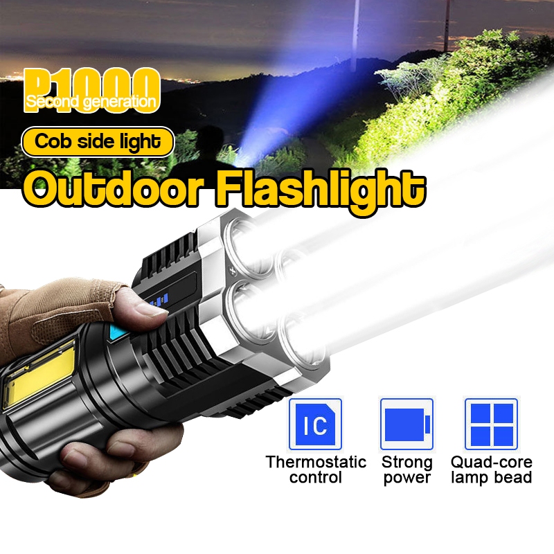 พร้อมส่ง ไฟฉายแรงสูง ไฟฉาย 4ตา LED ที่แข็งแกร่ง Flashlights ส่องสว่างระยะไกล การชาร์จ USB กลางแจ้งในครัวเรือน