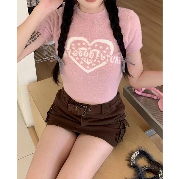 (พร้อมส่ง/ใหม่)#9792เสื้อยืดแขนสั้นผู้หญิงลายหัวใจน่ารัก2024สไตล์แฟชั่นเกาหลี