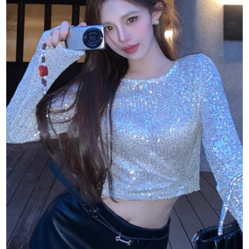 เสื้อแขนยาวกลิตเตอร์คอกลม