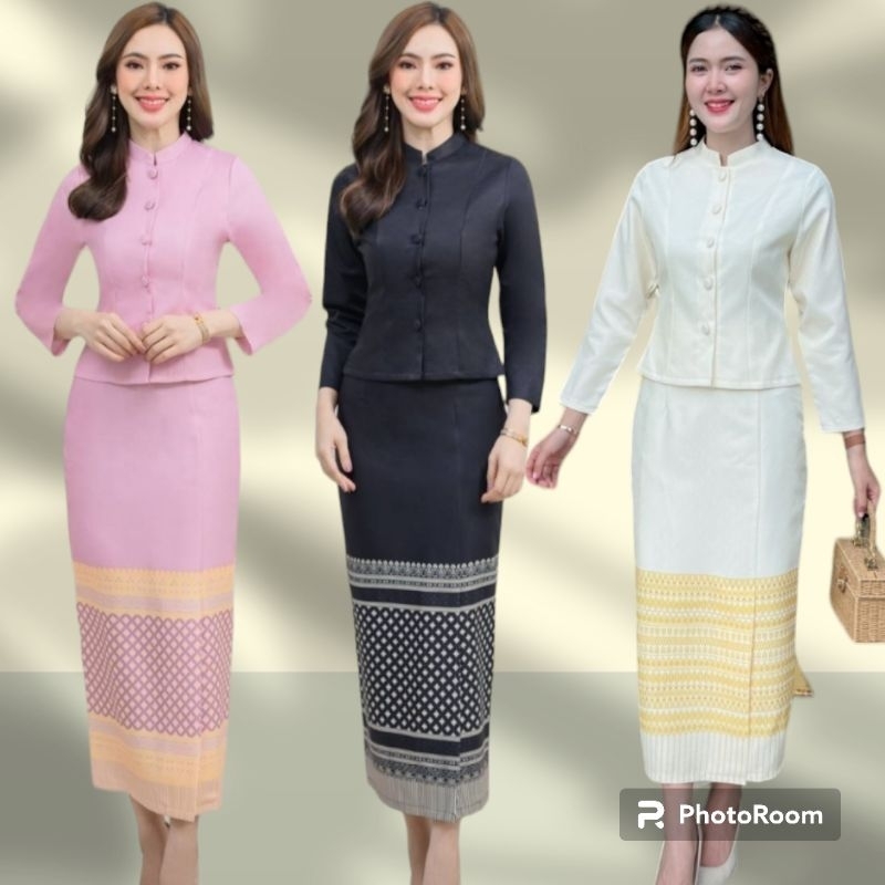 ชุดไทยจิตรลดา ชุดset 2ชิ้นเสื้อ+ผ้าถุงสำเร็จทรงจิตรลดา ผ้าไหมญี่ปุ่นพิมพ์ลายพิกุลการบินไทย ชุดทำบุญ งานแต่ง งานบวช