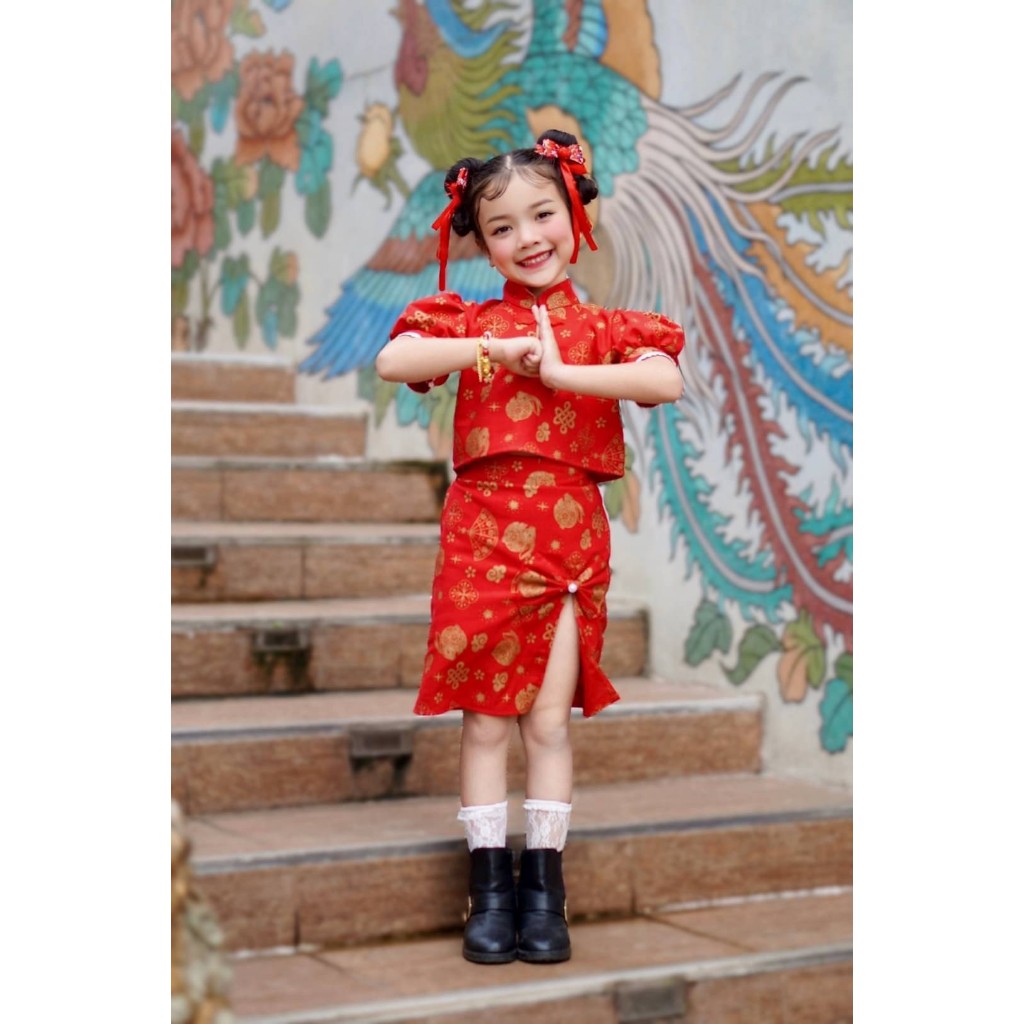 ND / ตรุษจีน 2568 ลายมังกร กระโปรงแต่งโบว์มุก  เสื้อผ้าแฟชั่นเด็กผู้หญิง