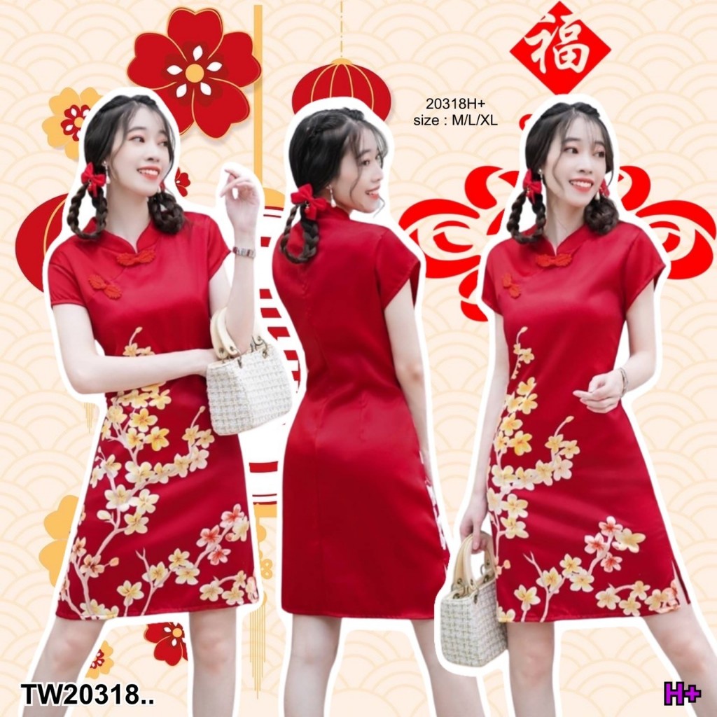 TwinsShopVip💗พร้อมส่ง TW20318 เดรสกี่เพ้าลายดอกซากุระสีทอง ..