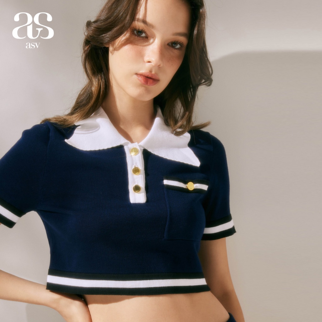 [asv rs24] Dorothy Polo Cropped Shirt เสื้อผู้หญิง คอปกโปโล ทรงครอป แขนสั้น ตกแต่งแถบปีเก้ด้านหน้า