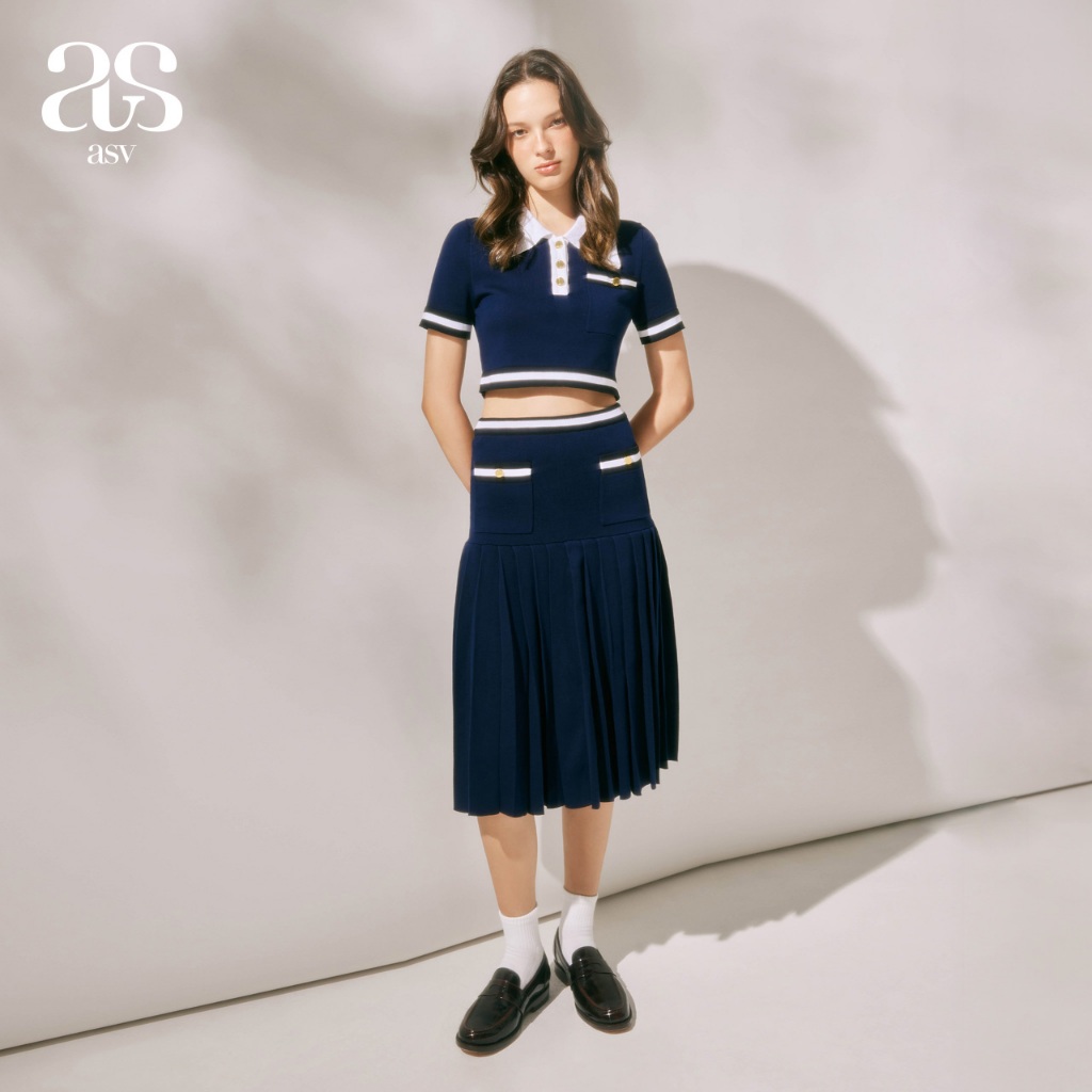 [asv rs24] Dorothy Pleated Skirt กระโปรงผู้หญิง ตัดต่อผ้าพลีท ตกแต่งแถบปีเก้ด้านหน้า แต่งกระดุมทอง เอวยางยืด