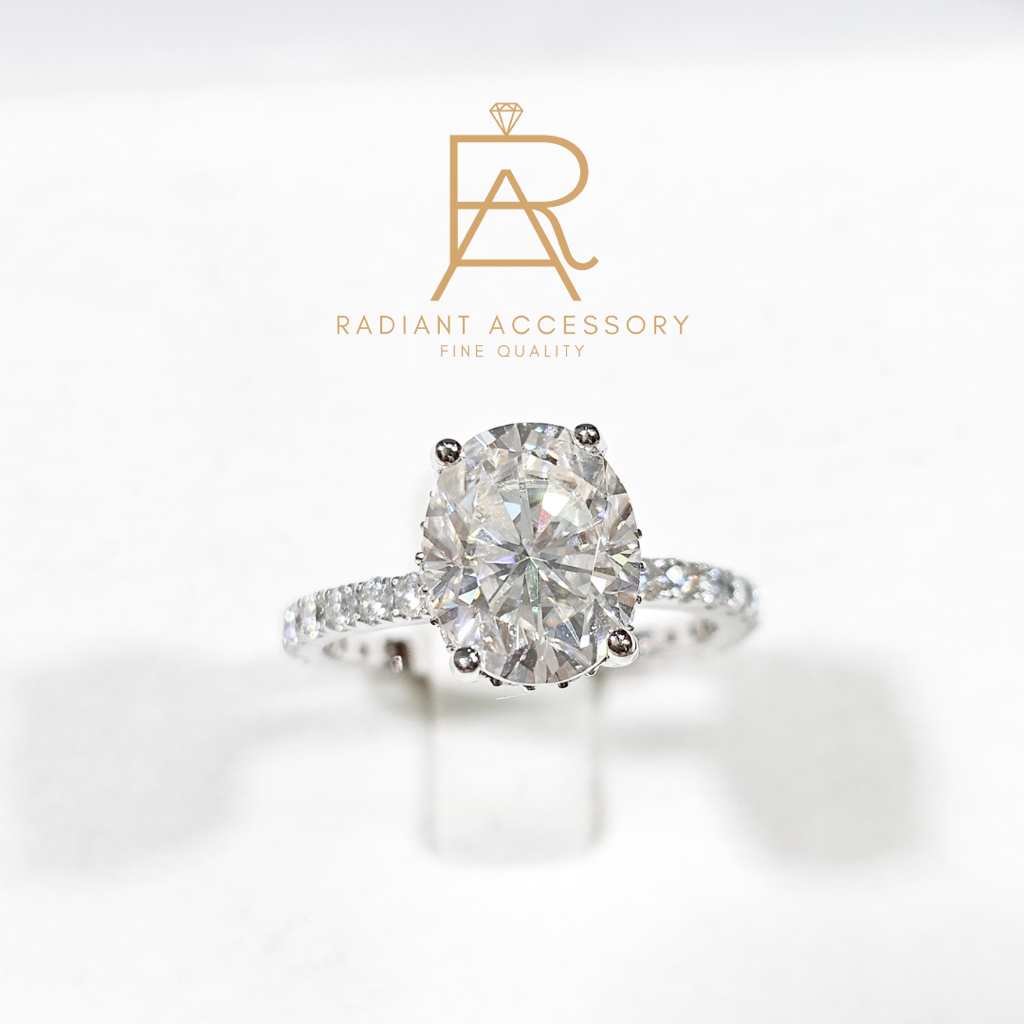 แหวนเงินแท้ ฝังเพชร Moissanite Oval 3 กะรัต hidden halo และ บ่าข้าง