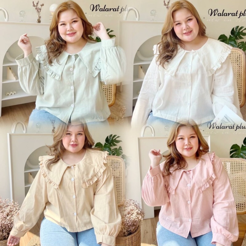 (ถูกสุด/ส่งด่วน!⚡️) A123(WP) เสื้อแขนยาวลินินคอบัวระบายน่ารักมินิมอลสาวอวบไซส์ใหญ่ (มีไซส์อก40-52)