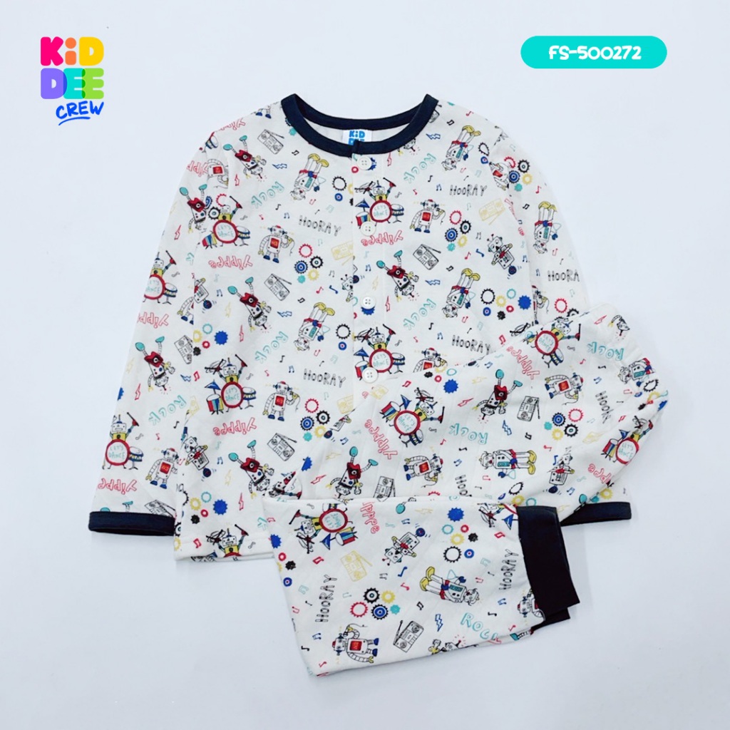 KiddeeCrew ชุดนอนเด็ก สีครีมลายหุ่นยนต์ กุ้นคอสีดำ ผ้าแซนวิช เหมาะสำหรับอายุ 1-14 ปี