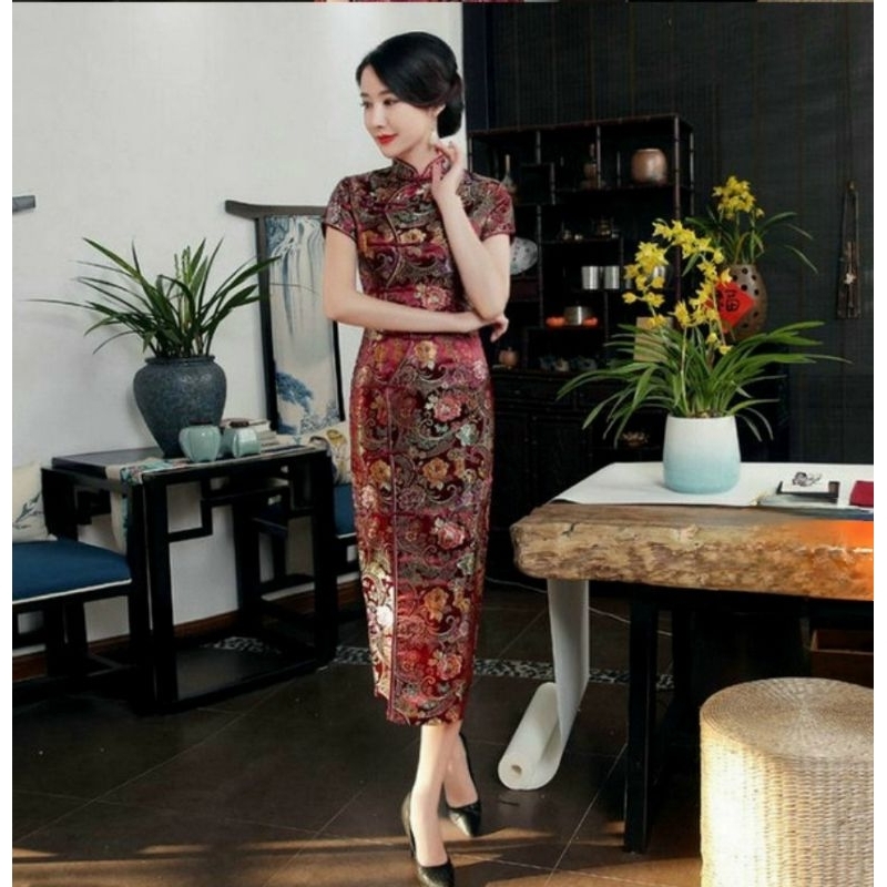 กี่เพ้าลายดอกโบตั๋นสีเปลือกมังคุดC94