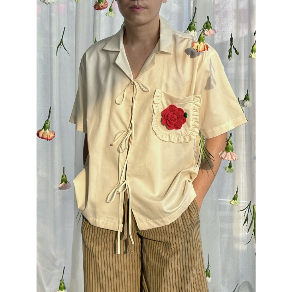 (Valentine ) เสื้อผูกสีครีม+เข็มกลัดดอกกุหลาบ