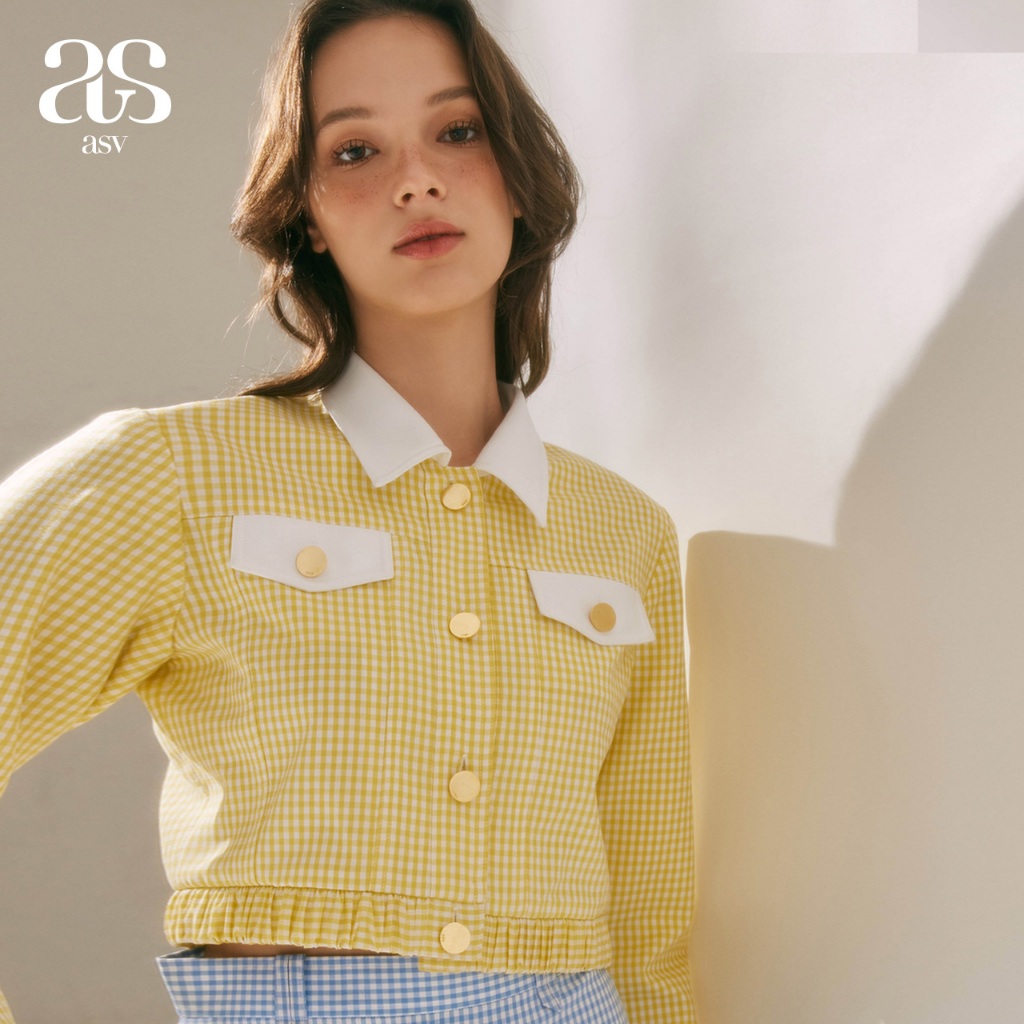 [asv rs24] Isabelle Cropped Jacket เสื้อแจ็คเก็ตผู้หญิง แขนยาว แต่งกระเป๋าและกระดุมหน้า เอวยางยืด ผ้าลายกิงแฮม