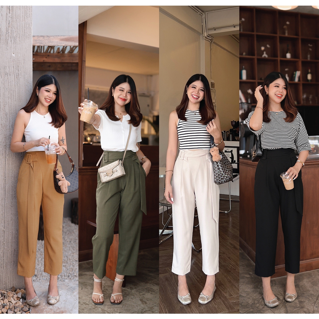 [Sale ปกติ 650 เหลือ 490 บาท] กางเกงเอวสูงขากระบอกกลางแต่งเข็มขัด มี 4 สี : ดำ, ส้มหม่น, ครีม, เขียวหม่น - NUMBERSEVEN