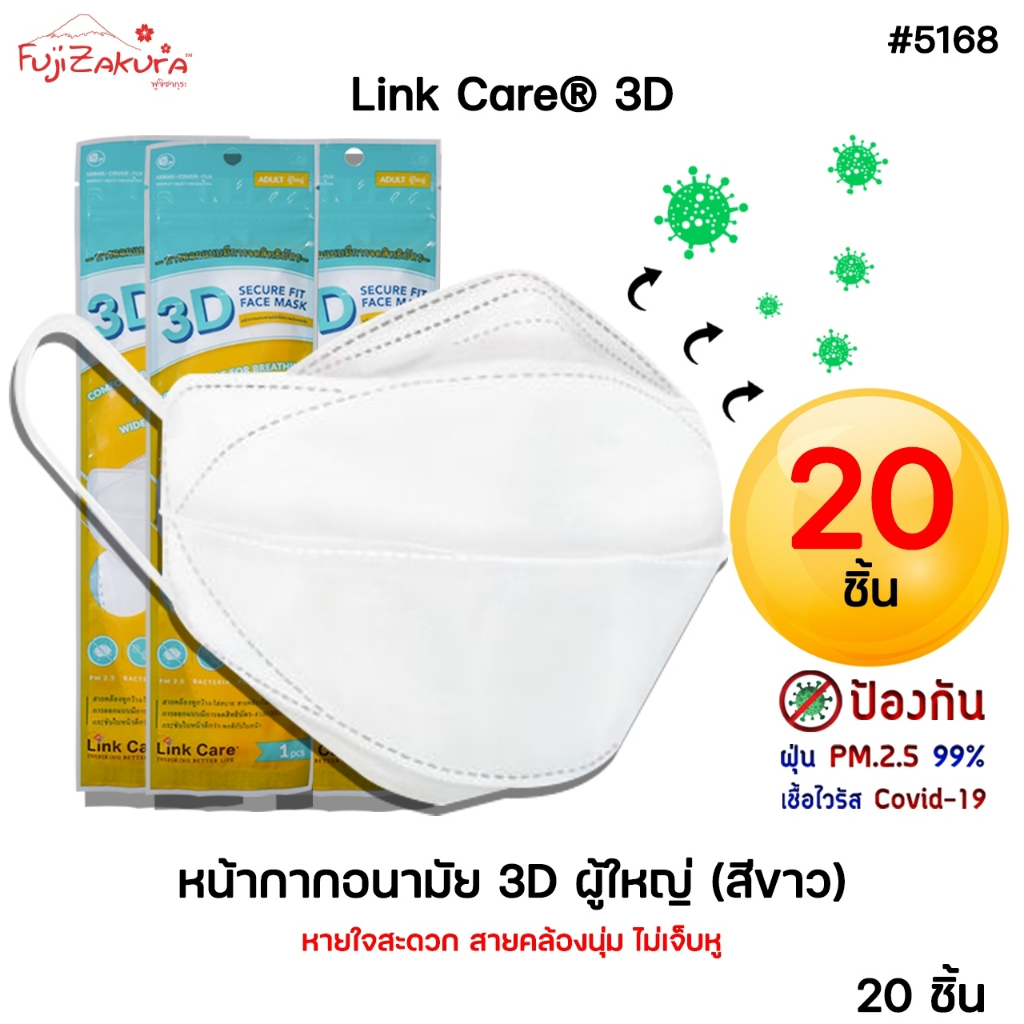 *20 ชิ้น*หน้ากากป้องกันฝุ่น PM 2.5 99% 𝗟𝗶𝗻𝗸 𝗖𝗮𝗿𝗲 3D หน้ากากอนามัย ผู้ใหญ่ หน้ากากกันฝุ่น ป้องกัน PM2.5 หายใจสะดวก