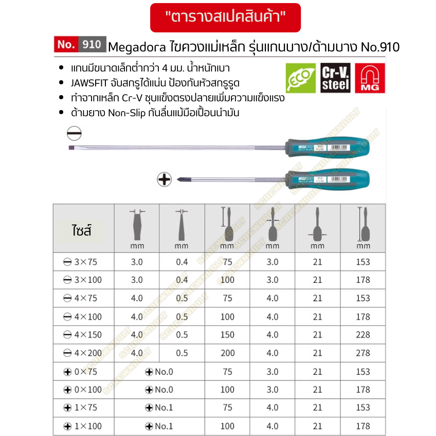 VESSEL ไขควง แม่เหล็ก Megadora ซีรีย์ 900 แฉก/ปากแบน กันลื่น ด้ามหนา/บาง/สั้น ปลายชุบแข็ง กันรูด  / Screwdriver - รูปที่ 6