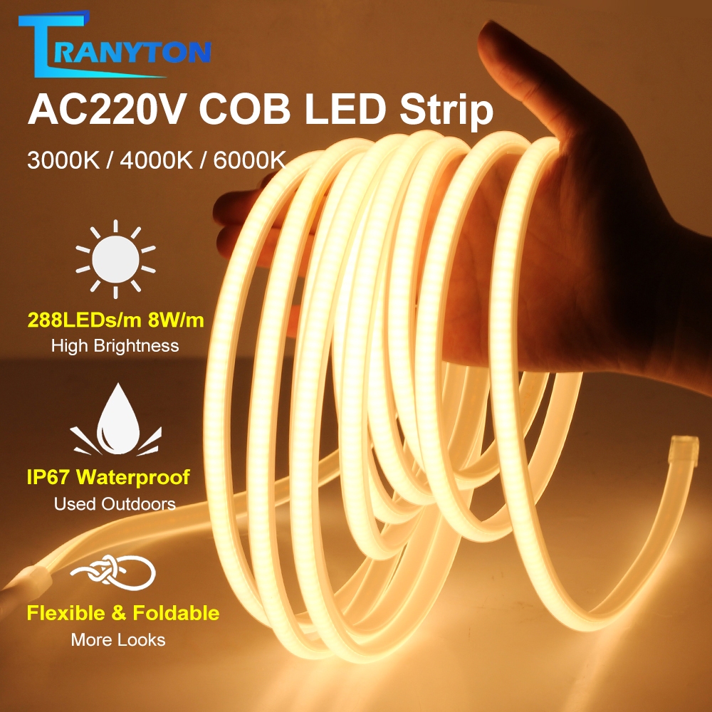 LED COBไฟเส้น 220V แถบไฟ 3 สี IP67กันน้ำ ความหนาแน่นสูง ยืดหยุ่น ไฟแต่งสวน ไฟติดห้อง เปลี่ยนฟรี พร้อมปลั้ก 288LEDS