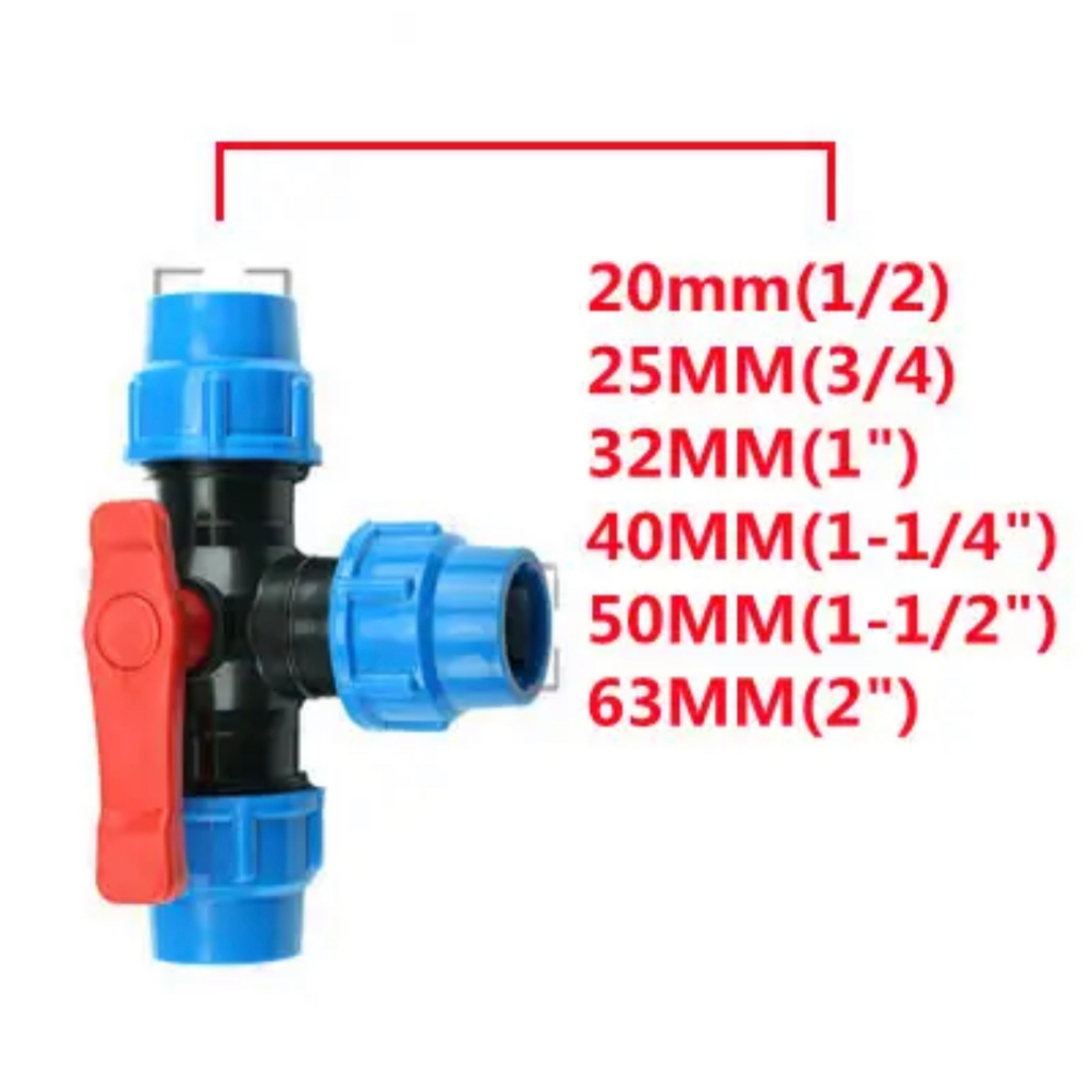 PE บอลวาล์วสามทาง ข้อต่อ ท่อ PE แบบสวมอัด ข้อต่อชนิดสวมอัด ทนแรงดัน 8 บาร์ 20 mm 25 mm 32mm 40mm 50mm