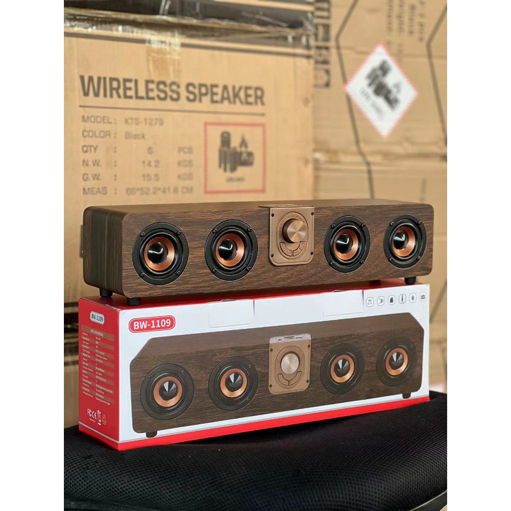 ลำโพงบลูทูธ BW-1109 ลำโพงตู้ไม้ เสียงดี ไร้สาย ลายไม้4ดอก เสียงดี เบสแน่น 10W มีแบตในตัว.