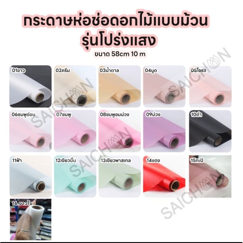 กระดาษห่อดอกไม้เกาหลี รุ่นสีโปร่งแสง พาสเทล แบบม้วนขนาด58cm10m