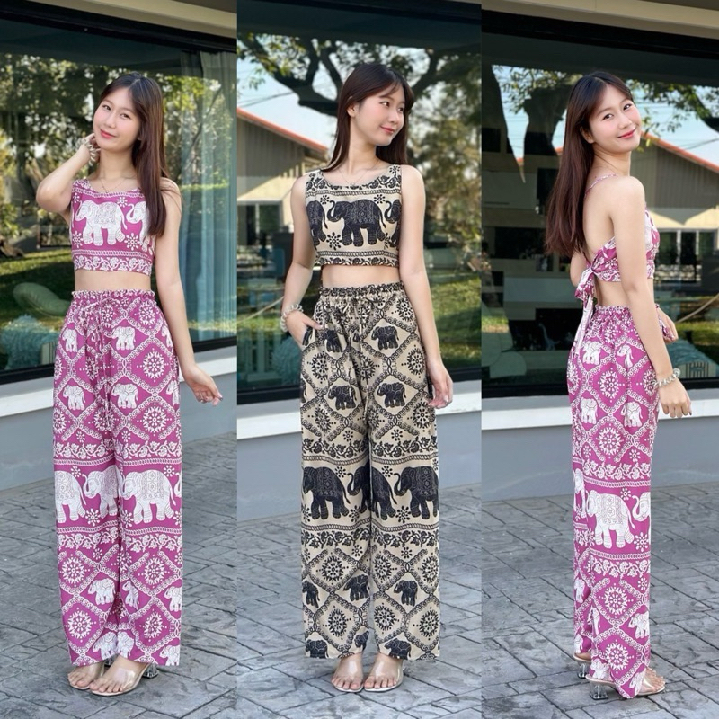 ชุดเซ็ตเสื้อ+กางเกงช้าง (MARU)ผ้าไหมอิตาลี เกรดพรีเมียม ผ้านิ่มลื่นใส่สบายมาก พร้อมส่ง
