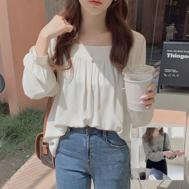 (5778) เสื้อเบลาส์ผู้หญิง ผ้าฝ้าย เสื้อเชิ้ตแขนโคมไฟ คอสี่เหลี่ยม ทรงหลวม เสื้อแฟชั่นแขนยาว สไตล์สาวเกาหลี