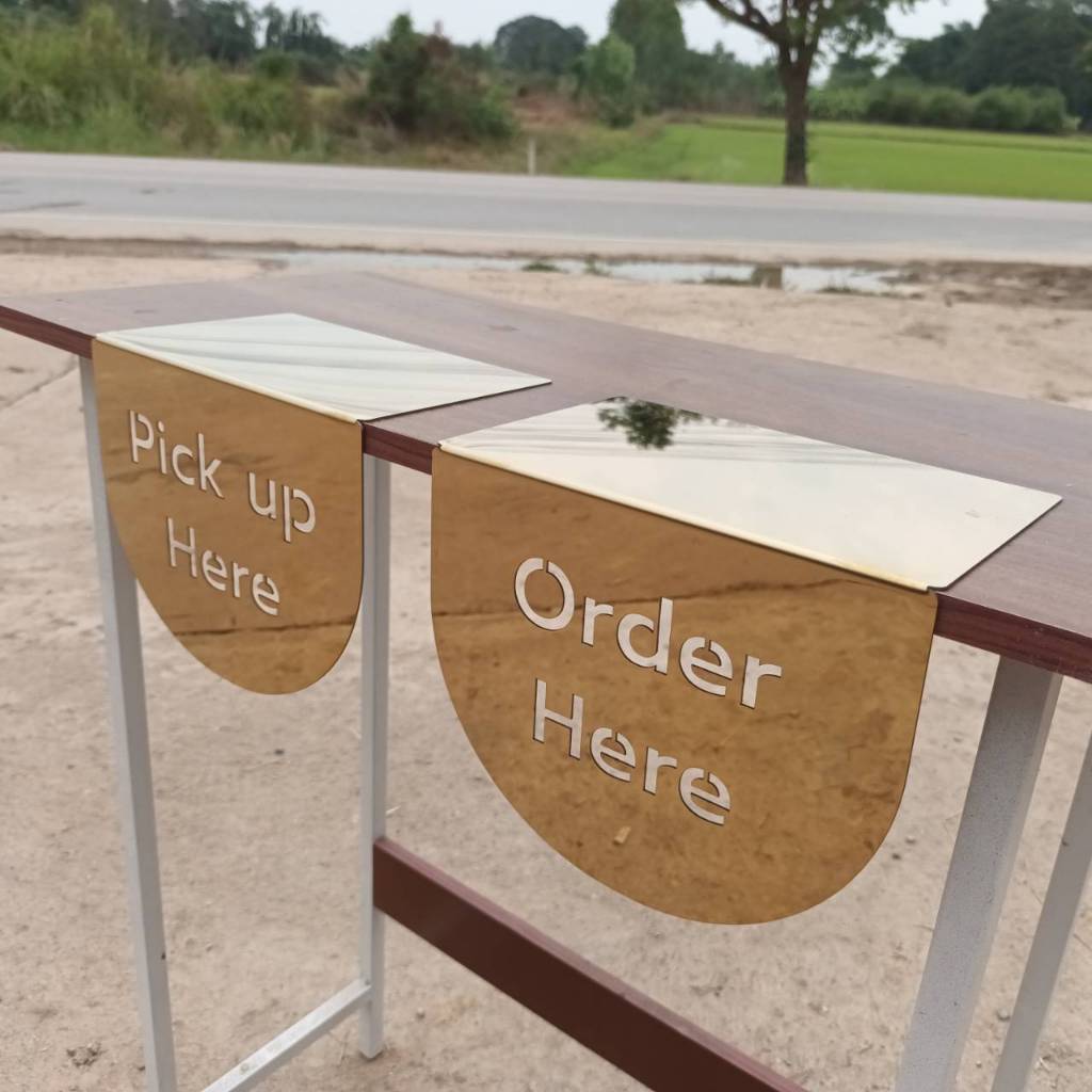 ป้ายสแตนเลสสีทองเงา304 ติดบาร์ เค้าน์เตอร์ ป้ายร้านกาแฟ Order Here Pickup Here