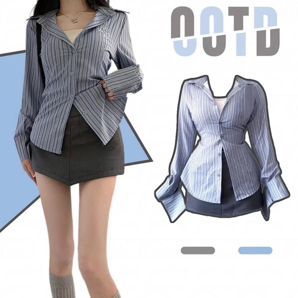 พร้อมส่งไทย ผู้หญิง เสื้อเชิ้ตแขนยาว+กระโปรงสั้นนักเรียน ชุดมีสองชิ้นราคาถูก สวยสับปังมาก เสื้อแขนยาวผู้หญิง