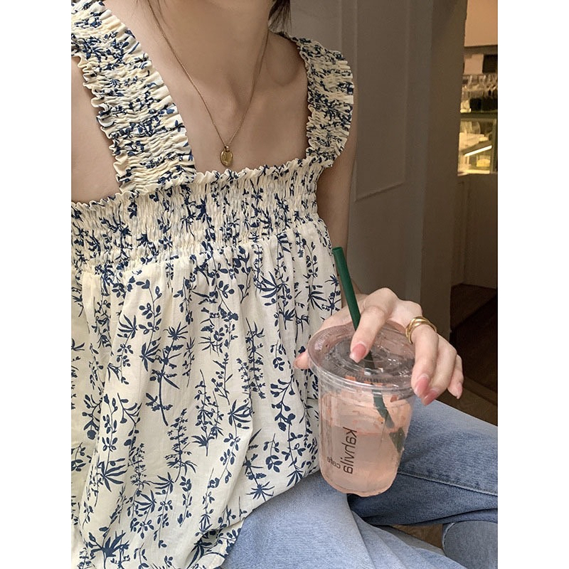 เสื้อสายเดี่ยว สายสม็อค  ลายดอกไม้ สไตล์เกาหลี น่ารักๆ ใส่สบาย ทรงหลวม 324