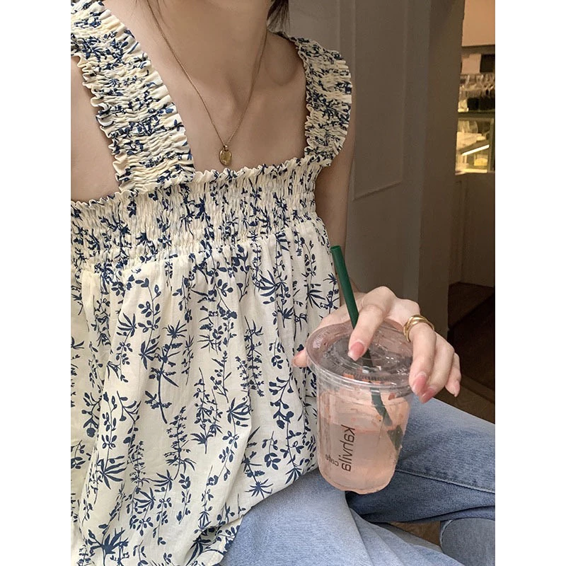 เสื้อสายเดี่ยว สายสม็อค ลายดอกไม้ สไตล์เกาหลี น่ารักๆ ใส่สบาย ทรงหลวม 324