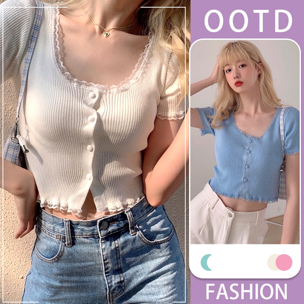 mimi&didi เสื้อครอป เสื้อไหมพรมเอวลอย Y2K แขนสั้น สีสันสดใส สไตล์หวาน สำหรับผู้หญิง#3782