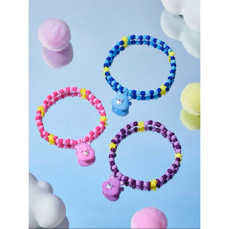 New 2024❤️ พร้อมส่ง 🌈 สร้อยข้อมือลูกปัดห้อยแคร์แบร์ Care Bears ของแท้ ในเซตมี 3 ชิ้น สีชมพู สีม่วง แ