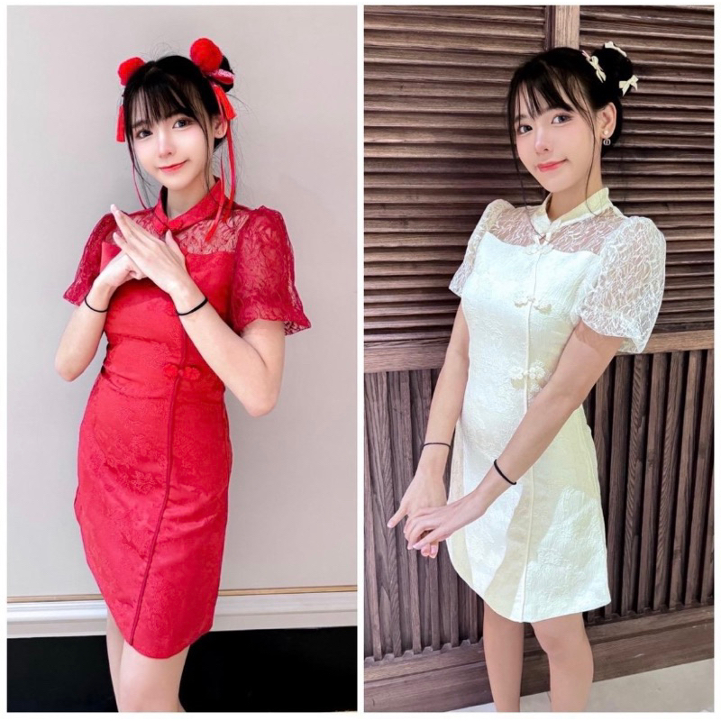 [LISA] A0169 ชุดเดรสกระโปรงตรุษจีนลูกไม้ดีเทลกระดุมจีนแต่งซิปหลัง