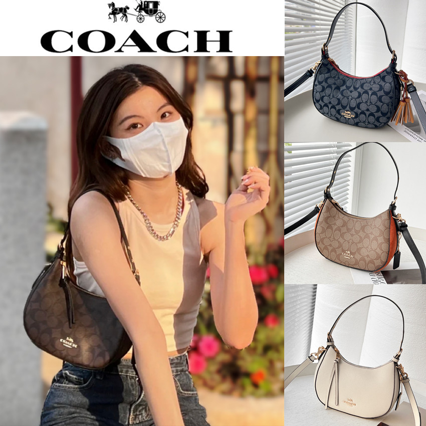 COACH/coach กระเป๋าสะพายไหล่ลายซีคลาสสิก PVC พร้อมหนังใหม่กระเป๋าเสี้ยวกระเป๋ารักแร้ย้อนยุค 7257 สีกาแฟ