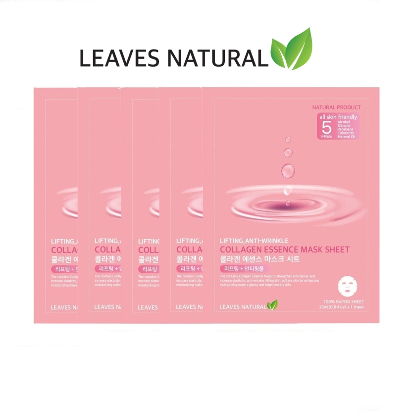 [แพค5แผ่น] LEAVES NATURAL Collagen Essence Mask Sheet มาส์กหน้า คอลลาเจน เสริมเกราะป้องกันผิว