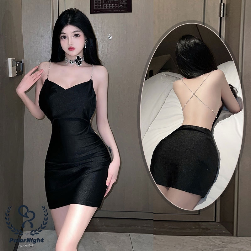 PolarNight ชุดนอนsexy กระโปรงสะโพกไนท์คลับสุดเซ็กซี่ สายสะพายโซ่ คอแกว่ง ส่งไวจากไทย1-3วัน（H9114）