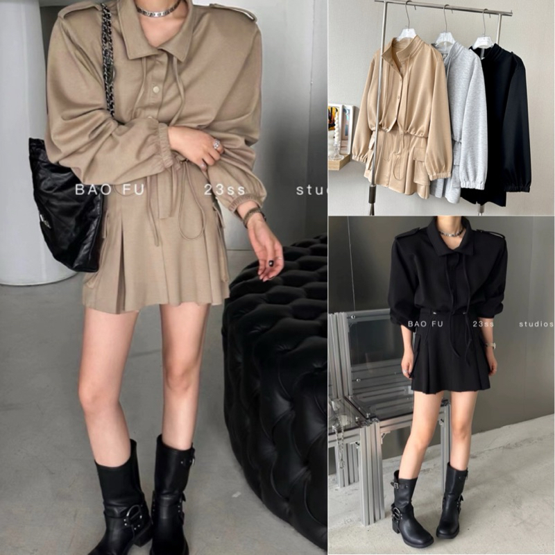 ส่งแมส S3401 🤎🖤 Set 2ชิ้น เสื้อแขนยาวมีสายรูดจั๊มเอว แมทช์คู่กระโปรงพลีท