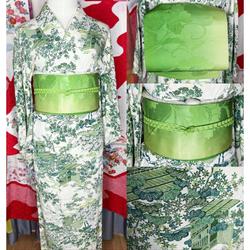 พร้อมส่ง set Kimono กิโมโน สีเขียว มือสองของแท้จากญี่ปุ่น