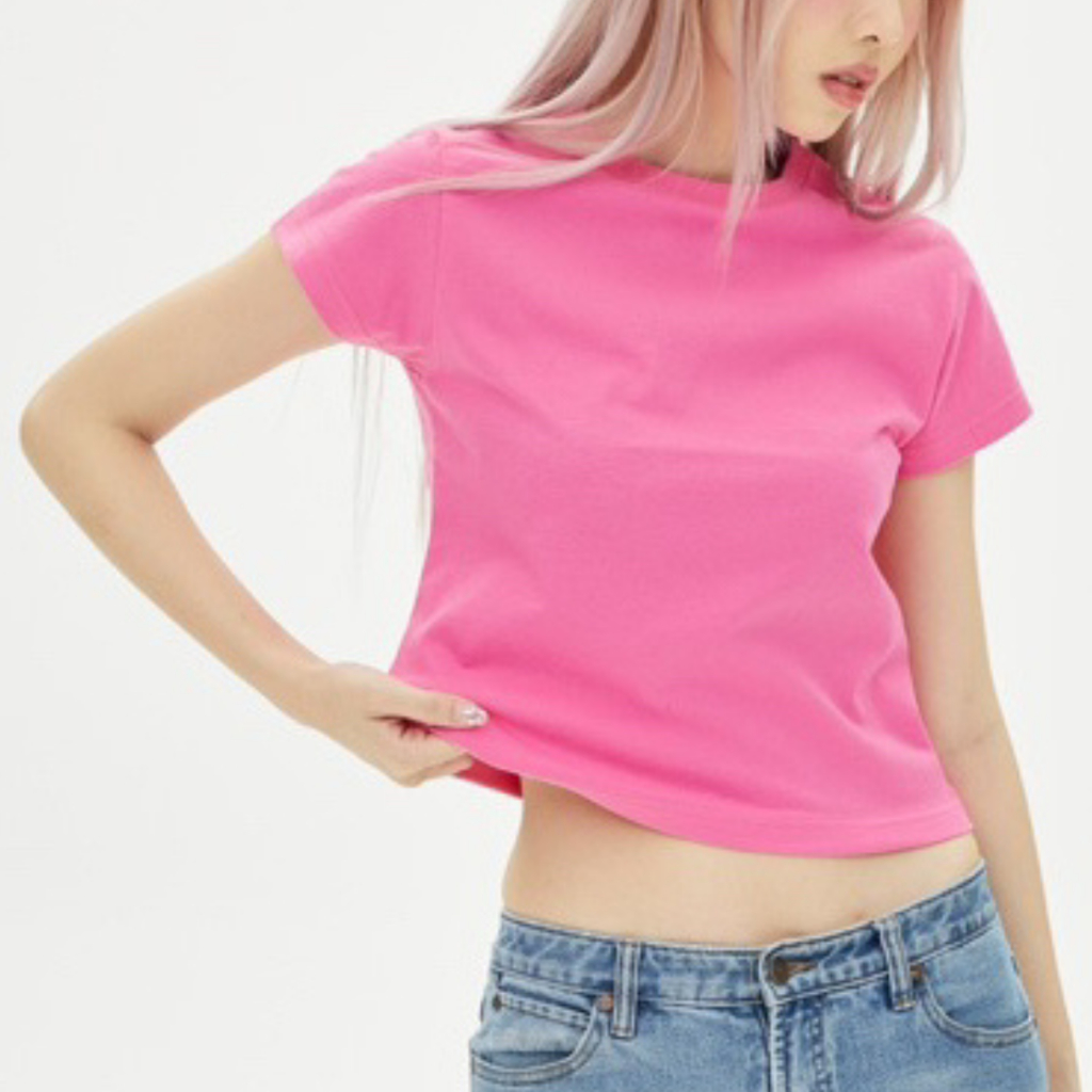 เสื้อยืด Y2K รุ่นbaby tee คอกลม crop top 100%cotton สีชมพูบานเย็น