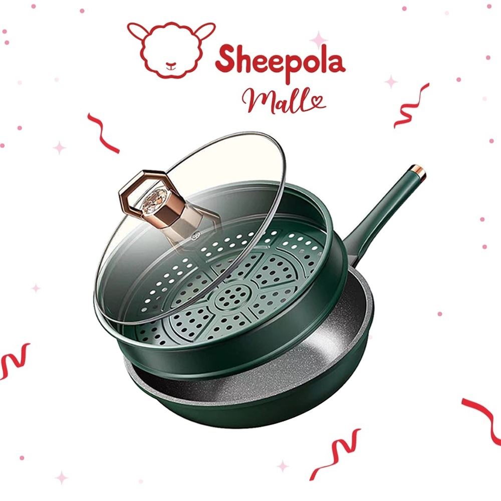 กระทะหินอ่อน ทรงลึกขนาด30ซม+ ที่นึ่ง SHEEPOLA พร้อมฝากระจกประดับเพชร สีเขียว แข็งแรง เคลือบเทปล่อน สามารถใช้งานได้ทุกเตา
