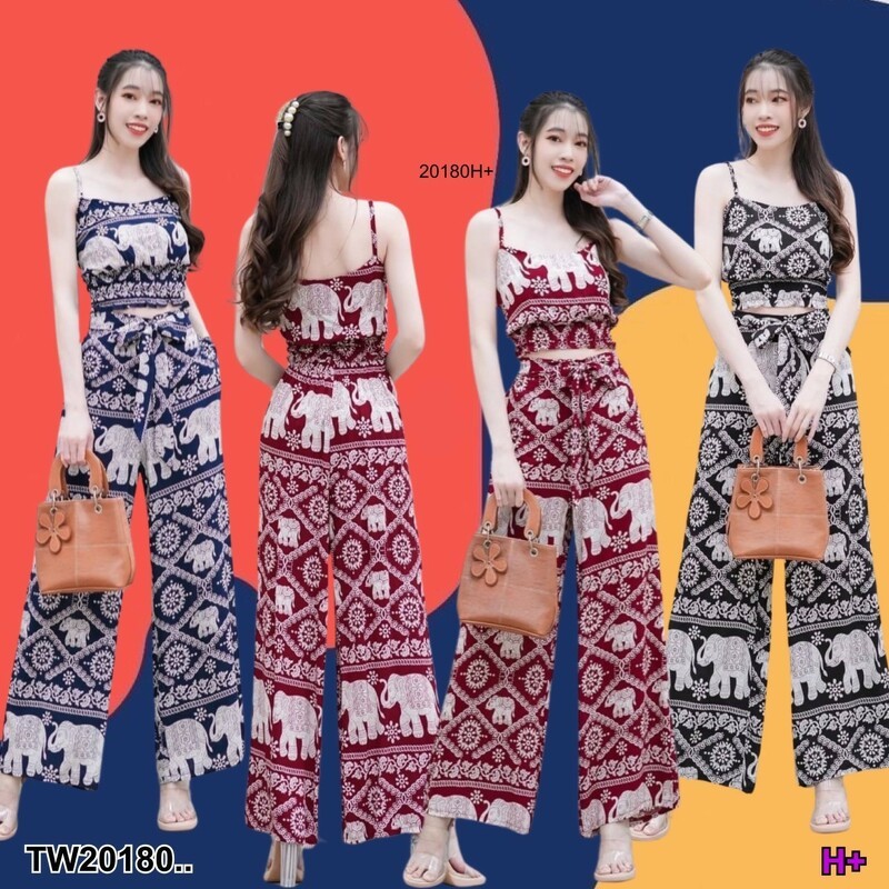MM20180 set 2 ชิ้น เสื้อครอปสายเดี่ยวลายช้าง + กางเกงขายาว Set of 2 pieces: elephant pattern single-