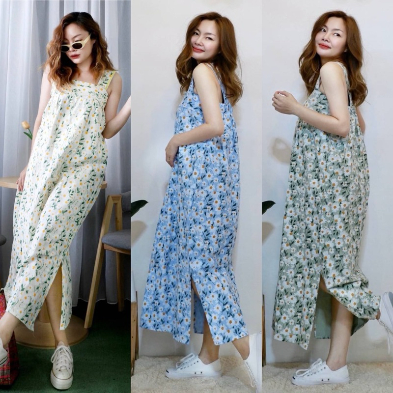 💦💦เดรสสายเดี่ยว ลายเดซี่ สงกรานต์ ใส่สบายไม่ร้อน ฟรีไซส์