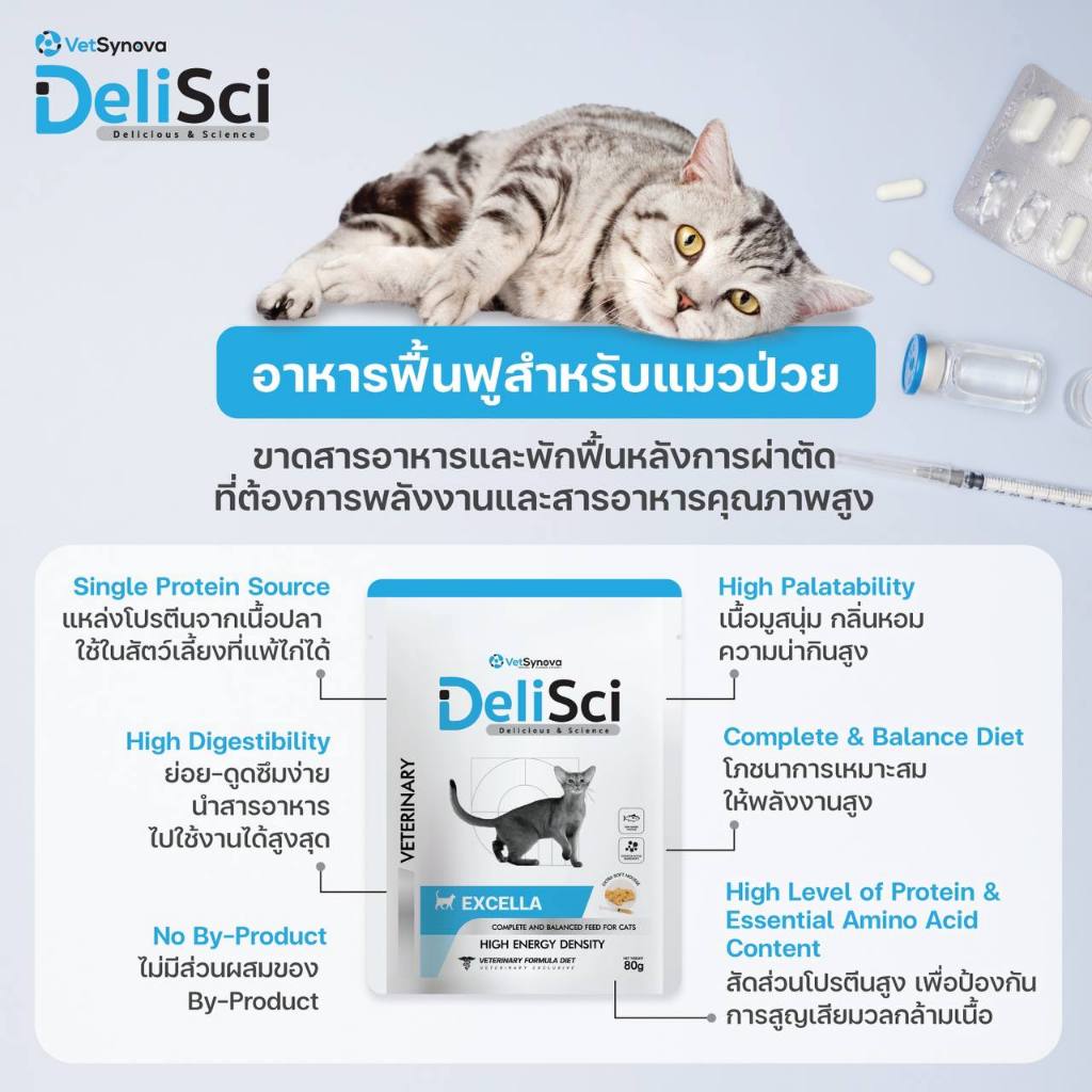 DeliSci Excella Excellent for recovery อาหารฟื้นฟูสําหรับสัตว์ป่วย ขาดสารอาหาร และพักฟื้นหลังการผ่าตัด สูตรไก่และสูตรปลา