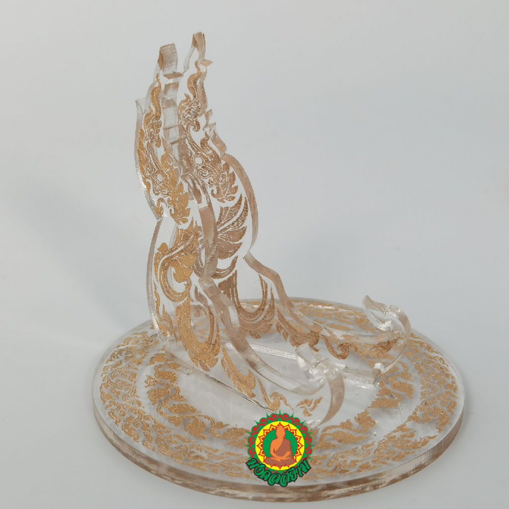 ฐานวางพระเครื่องลายไทยพญานาค​ อะคริลิคใสลงสีทอง