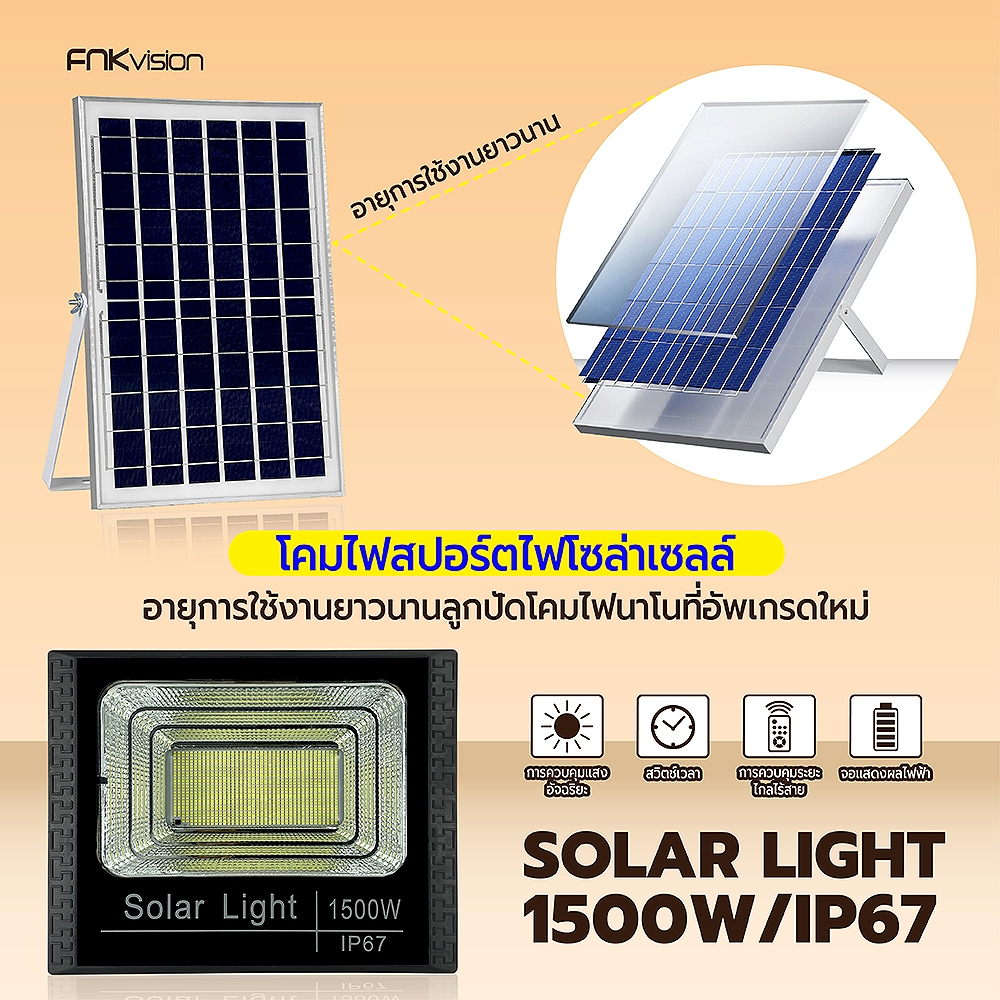 FNKvision 1500W ไฟโซลาเซล ไฟ โซล่าเซลล์ กันน้ำ สปอตไลท์ พลังงานแสงอาทิตย์ Solar cell สว่างอัตโนมัติเมื่อฟ้ามื