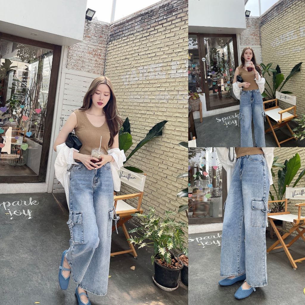 SLYQ FIESTA BELTED CARGO DENIM PANTS กางเกงยีนส์คาร์โก้ขายาวแต่งสายที่กระเป๋า