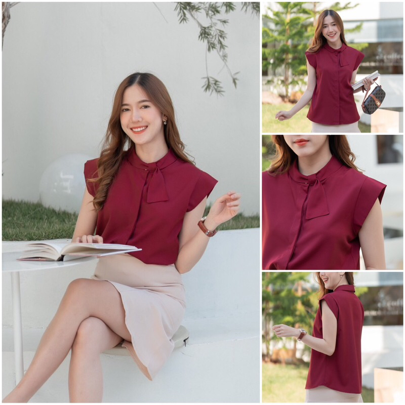 เสื้อคอปกสอดโบว์ แขนล้ำ #l154shop_663