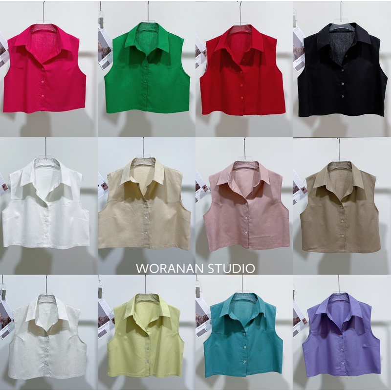 เสื้อครอปคอปกแขนกุดกระดุมหน้า เนื้อผ้าลินินสีสันสดใส summer