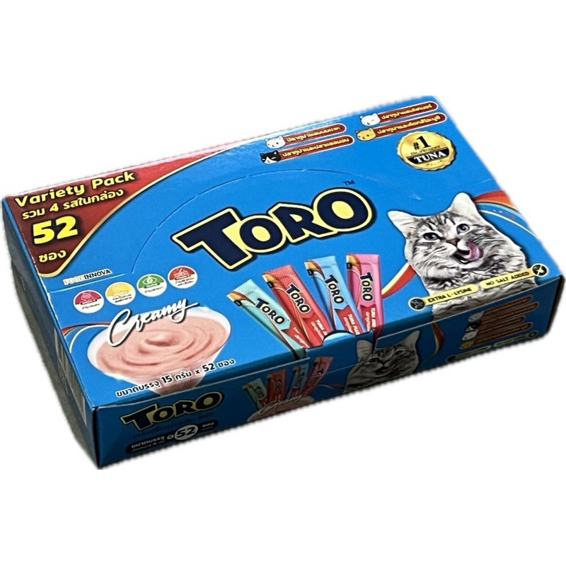 Toro ขนมแมวเลีย 52 ซอง•โทโร่ ขนมครีมแมวเลียรวมรส (4 สูตร ปลาโอ+ไฟเบอร์+แซลมอน+นมแพะ) แพ็ค 52 ซอง x 1 แพค