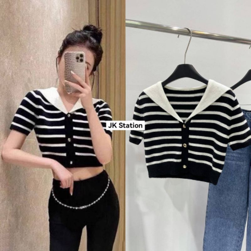 พร้อมส่ง เสื้อครอปแขนสั้นปกหลังทอลายแบแบรนด์ผ้าไหมพรมไม่หนามากติดกระดุมหน้างานสวยใส่สบายไม่ร้อนงานป้าย y.p.y